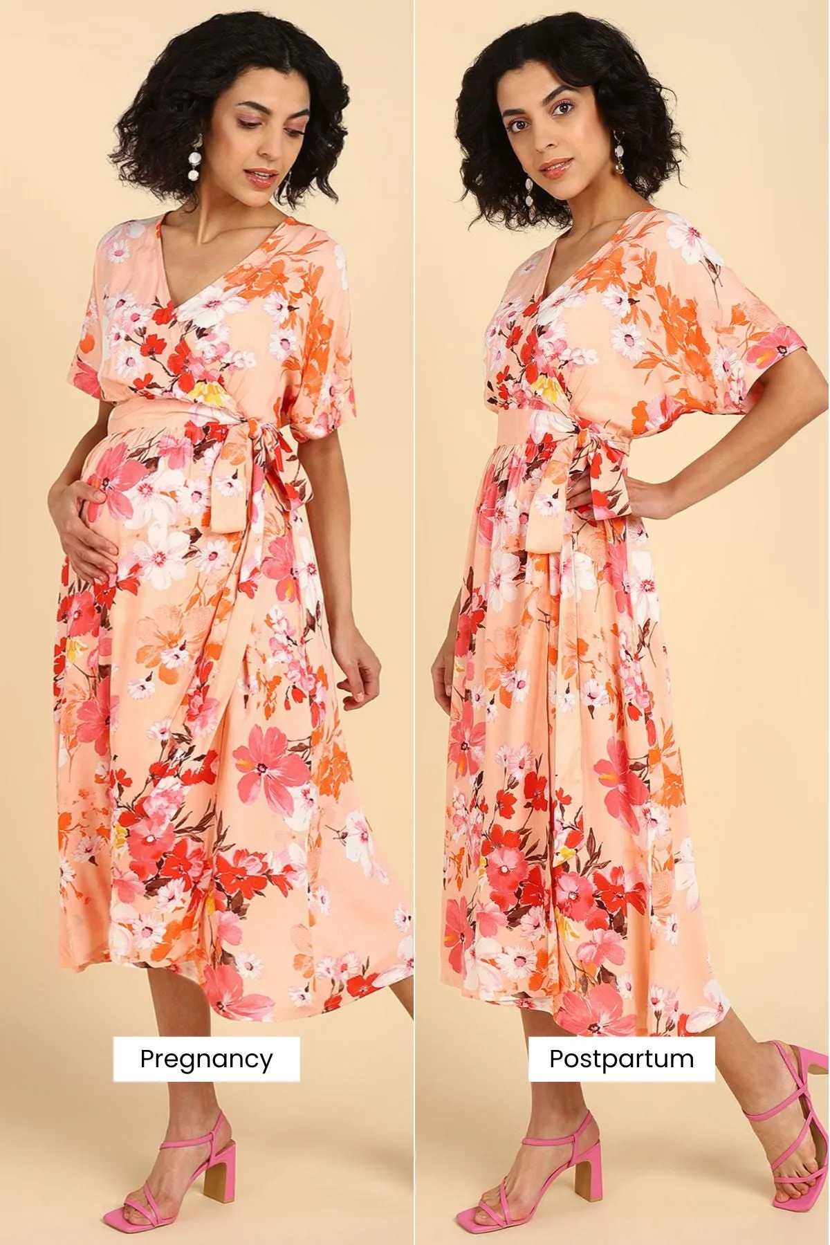 Peach Fizz Floral Zipless Maternity Wrap Dress with Kimono sleeves