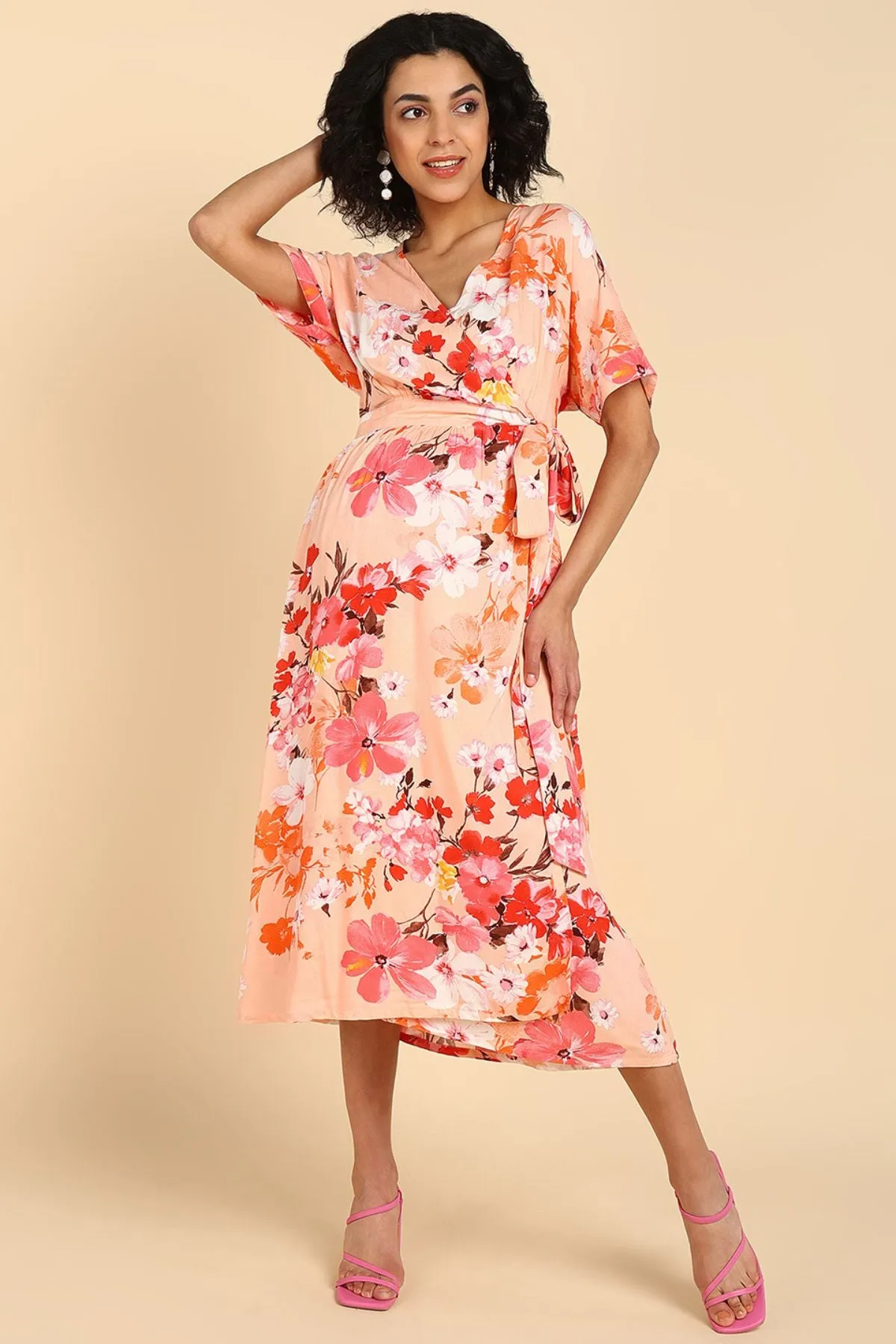 Peach Fizz Floral Zipless Maternity Wrap Dress with Kimono sleeves