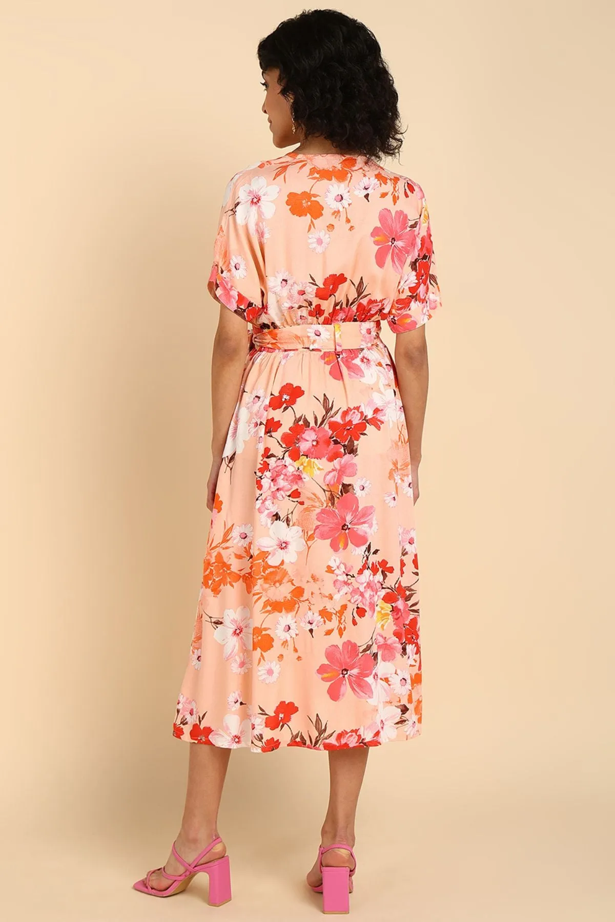 Peach Fizz Floral Zipless Maternity Wrap Dress with Kimono sleeves