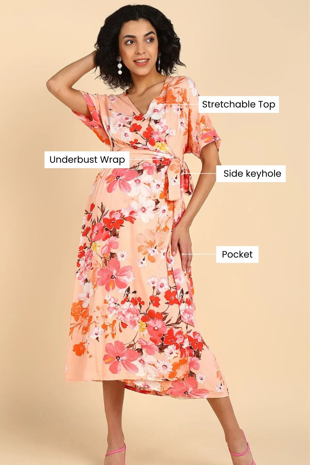 Peach Fizz Floral Zipless Maternity Wrap Dress with Kimono sleeves
