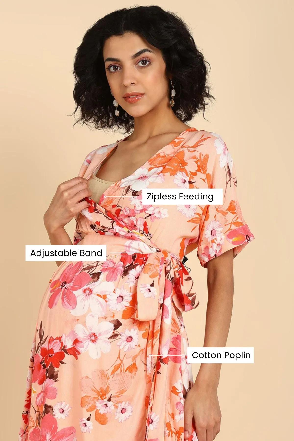 Peach Fizz Floral Zipless Maternity Wrap Dress with Kimono sleeves