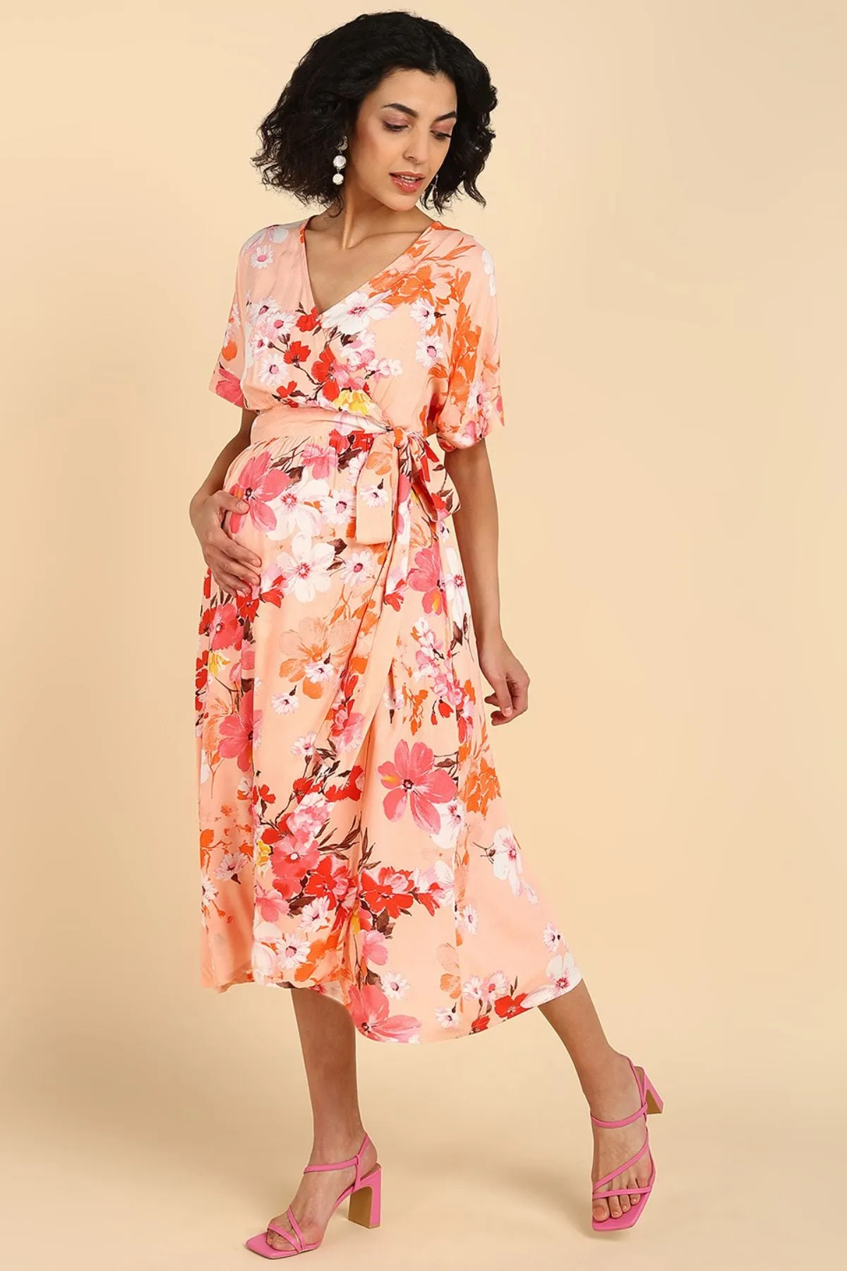 Peach Fizz Floral Zipless Maternity Wrap Dress with Kimono sleeves