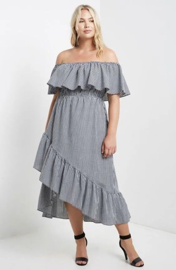 Plus Black Gingham Dress Wrap Maxi Off Shoulder Ruffle Casual Checker