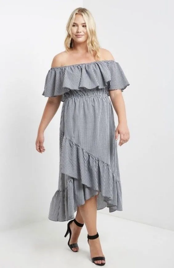 Plus Black Gingham Dress Wrap Maxi Off Shoulder Ruffle Casual Checker