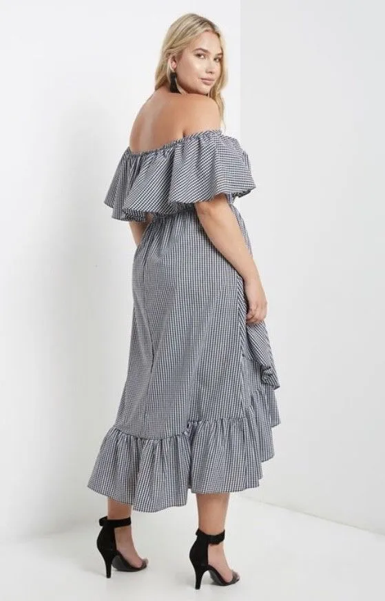 Plus Black Gingham Dress Wrap Maxi Off Shoulder Ruffle Casual Checker