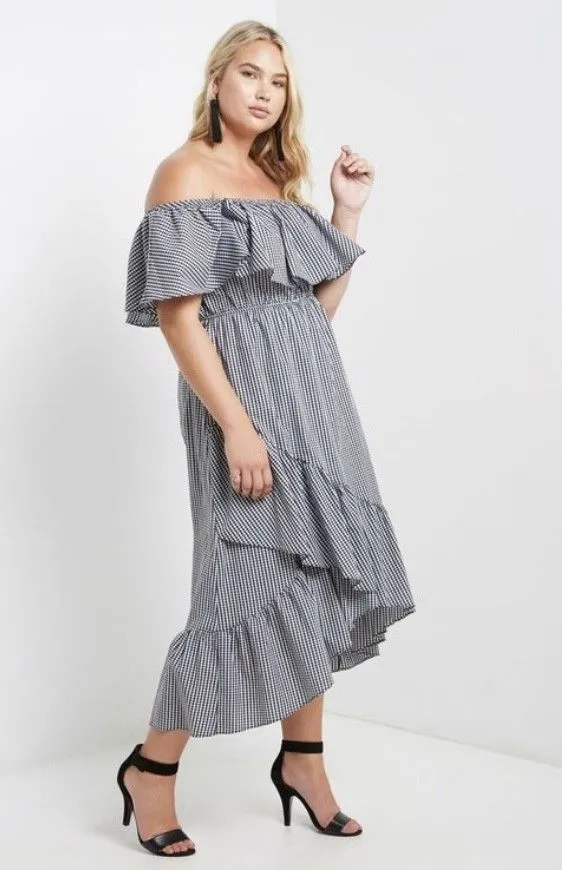 Plus Black Gingham Dress Wrap Maxi Off Shoulder Ruffle Casual Checker