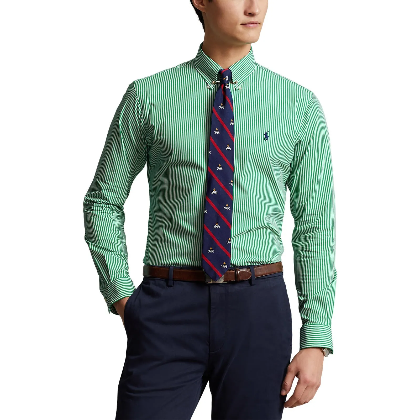 Poplin Stretch Shirt - Stripe - Golf Green/White