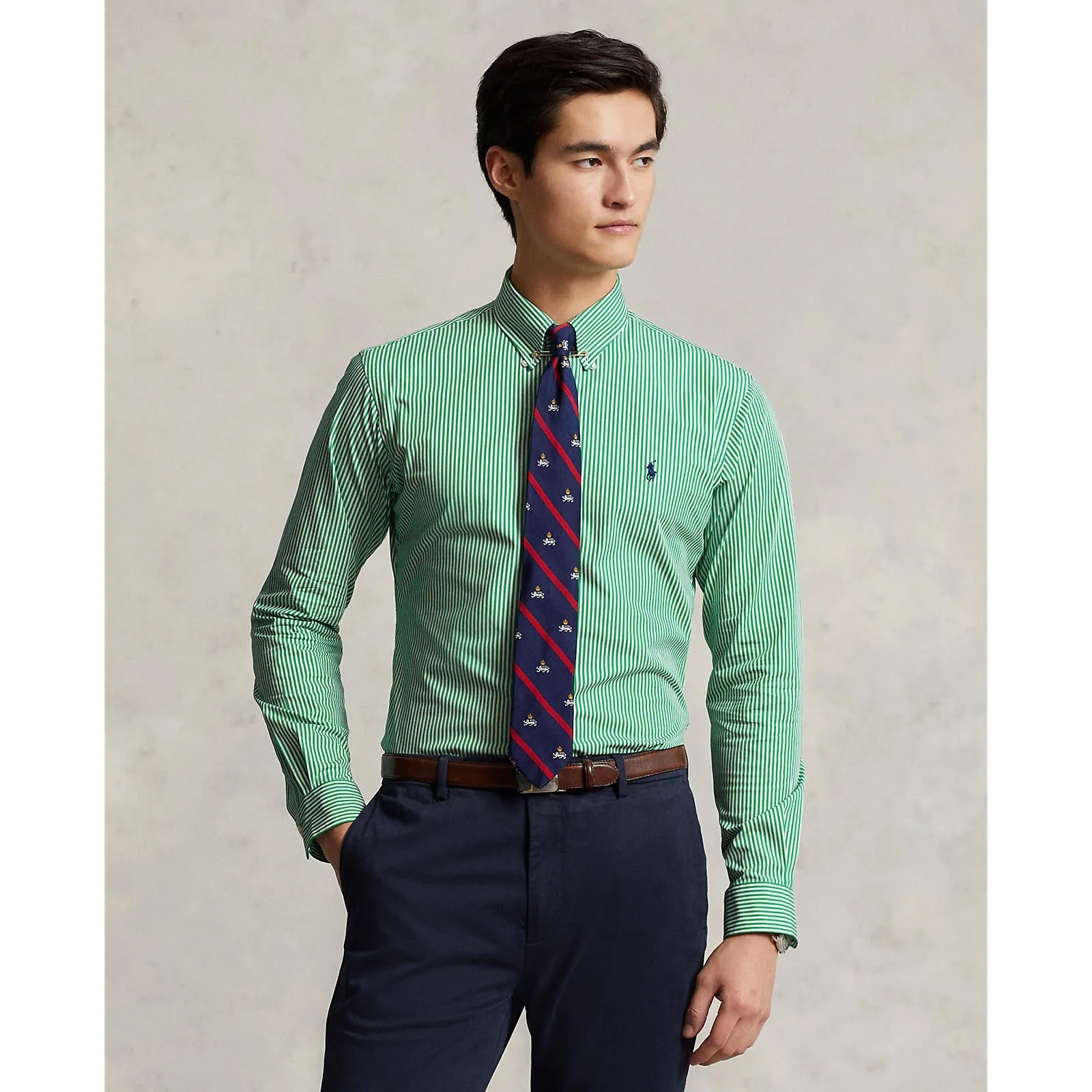 Poplin Stretch Shirt - Stripe - Golf Green/White