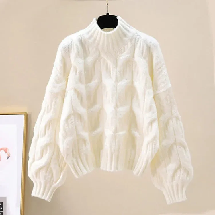 Preppy Pure Color Cable Sweater Denim Plush Pants Two Piece Set