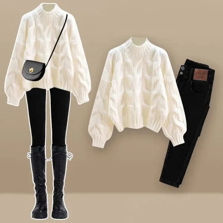 Preppy Pure Color Cable Sweater Denim Plush Pants Two Piece Set