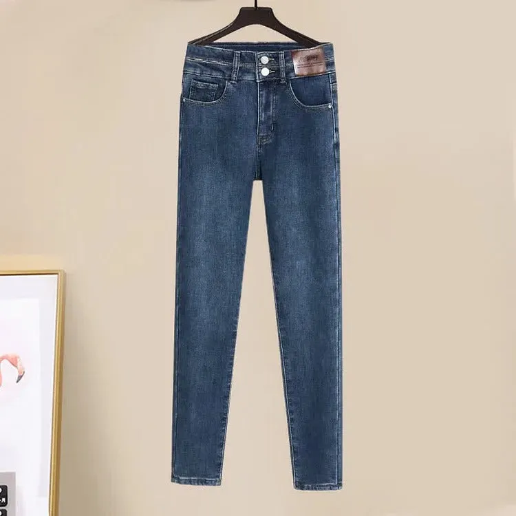Preppy Pure Color Cable Sweater Denim Plush Pants Two Piece Set