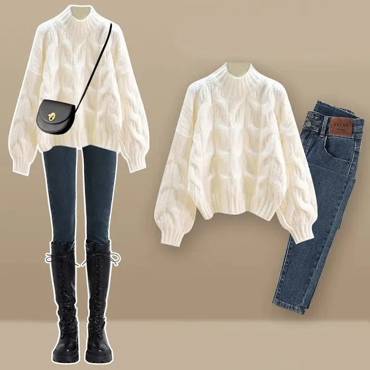 Preppy Pure Color Cable Sweater Denim Plush Pants Two Piece Set