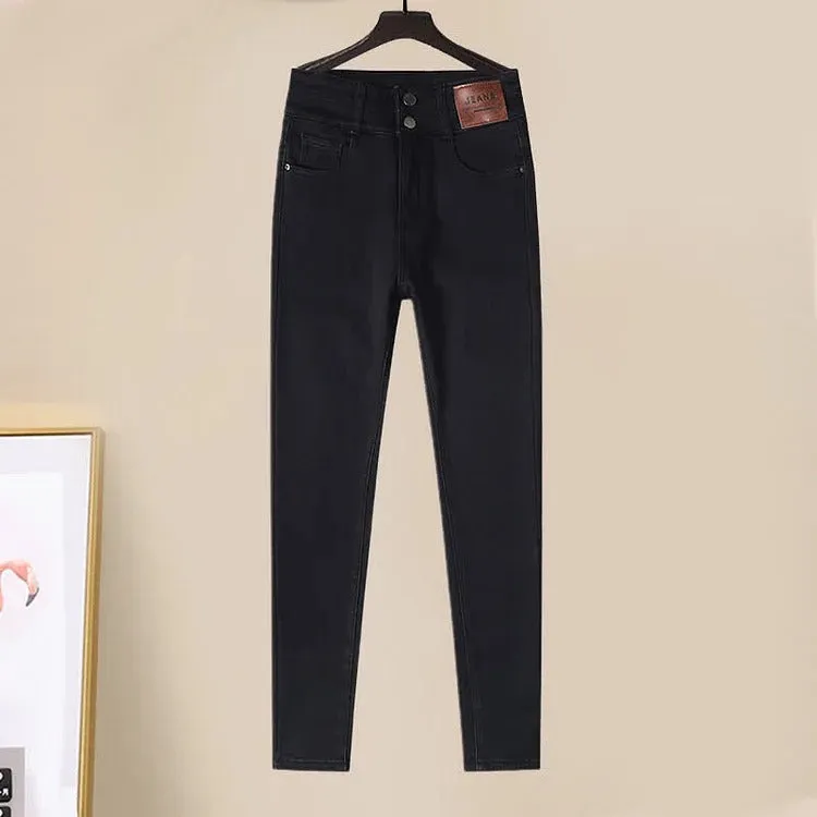 Preppy Pure Color Cable Sweater Denim Plush Pants Two Piece Set