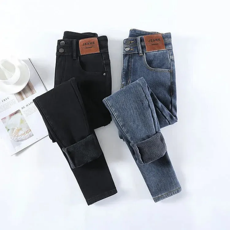 Preppy Pure Color Cable Sweater Denim Plush Pants Two Piece Set