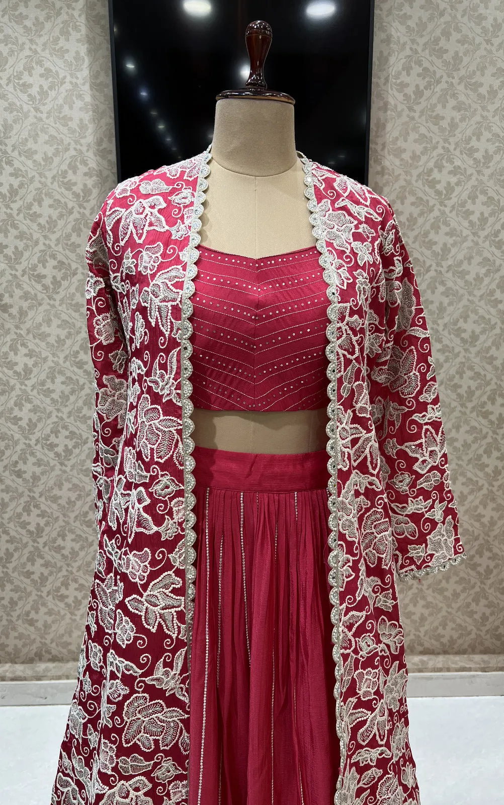 Rani Pink Silver Zari, Thread and Sequins work Long Overcoat Styled Crop Top Lehenga