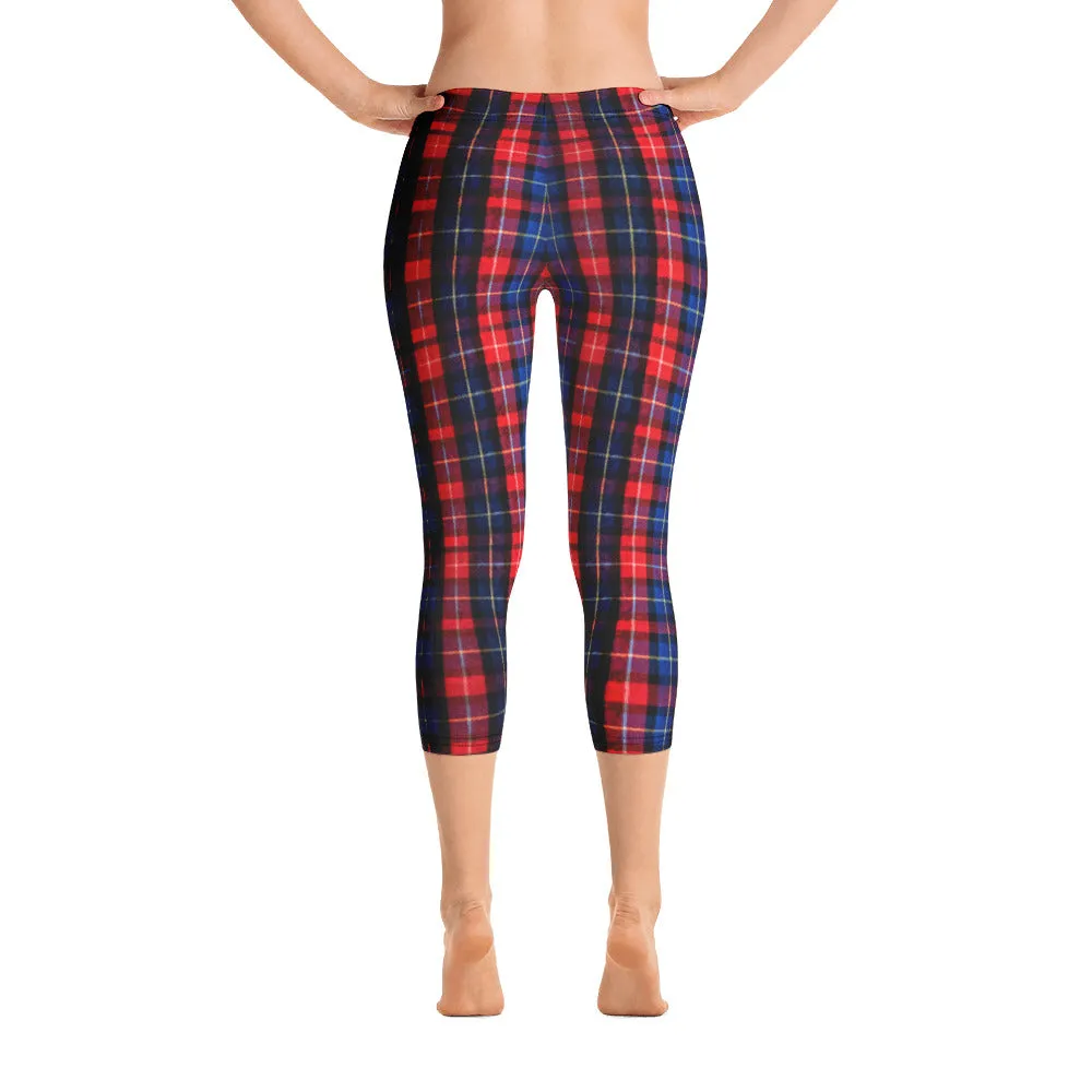 Red Plaid Print Capris Tights, Women's Polyester Spandex Capri Leggings - Made in USA