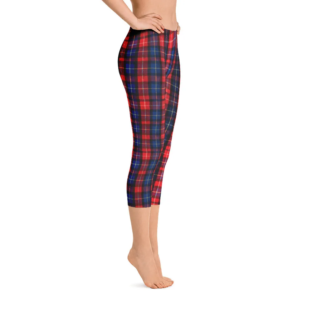 Red Plaid Print Capris Tights, Women's Polyester Spandex Capri Leggings - Made in USA