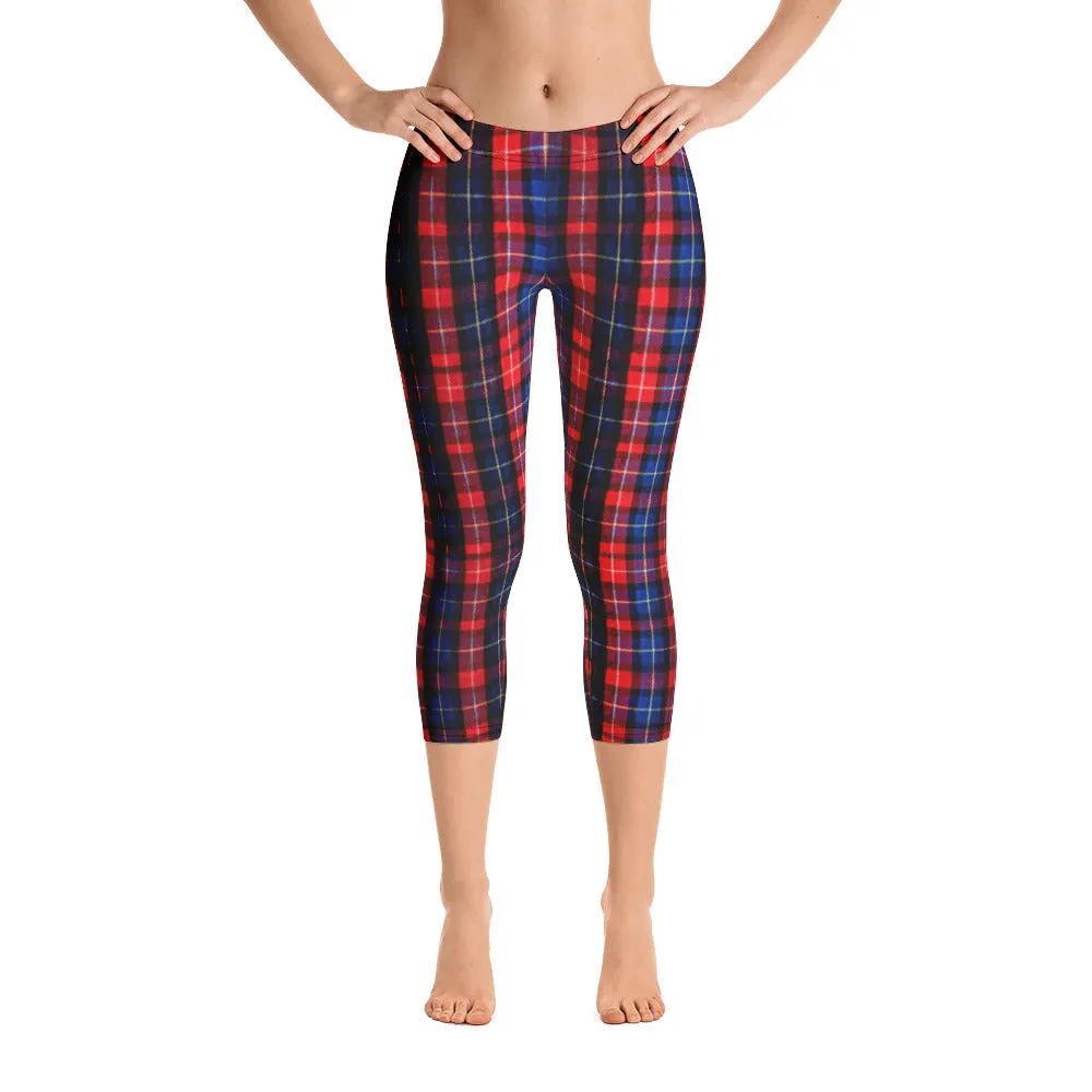 Red Plaid Print Capris Tights, Women's Polyester Spandex Capri Leggings - Made in USA