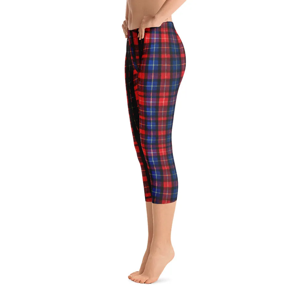Red Plaid Print Capris Tights, Women's Polyester Spandex Capri Leggings - Made in USA