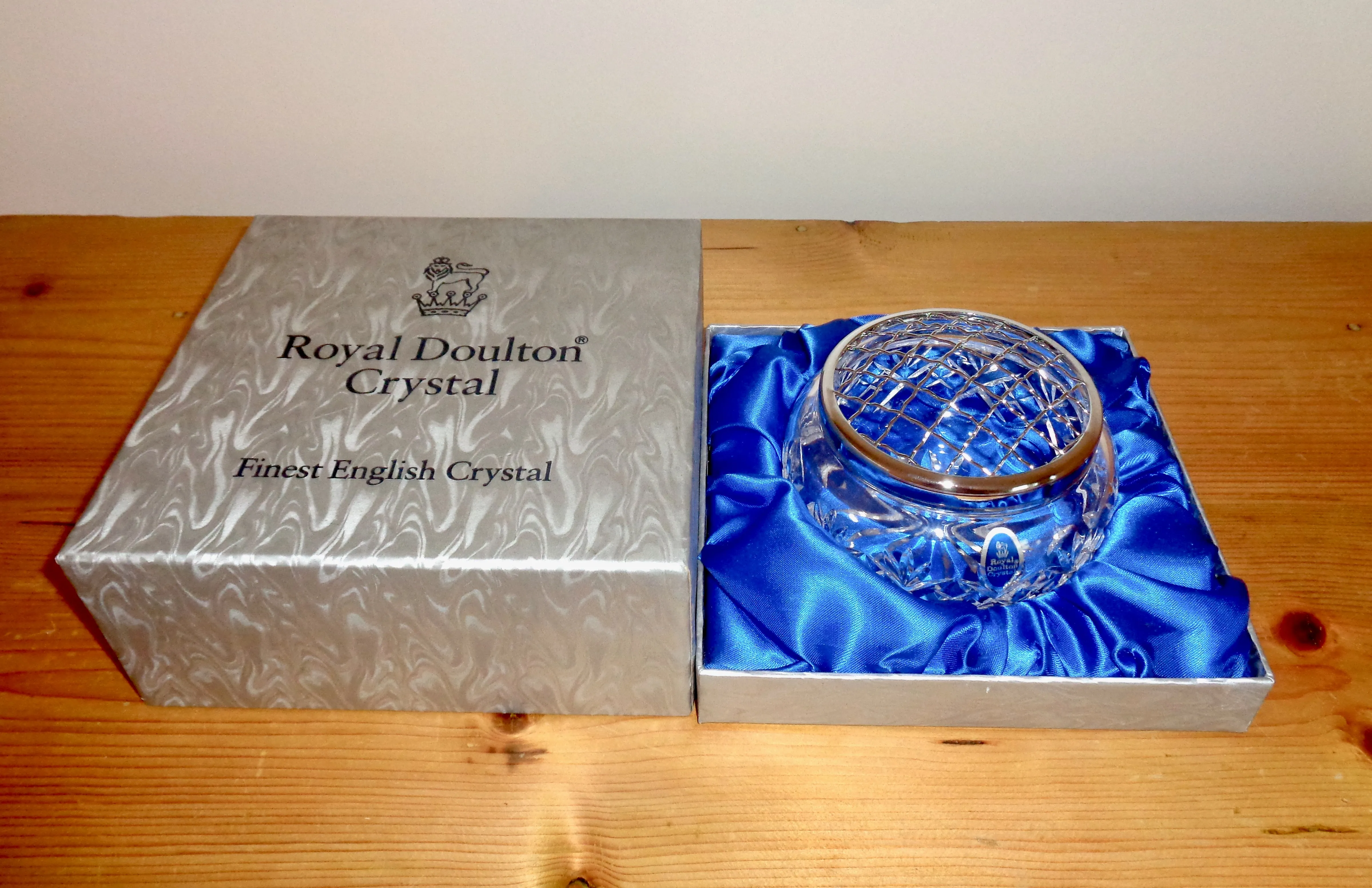 Royal Doulton Lead Crystal Rose Bowl With Silver Plated Flower Grid In Its Original Box