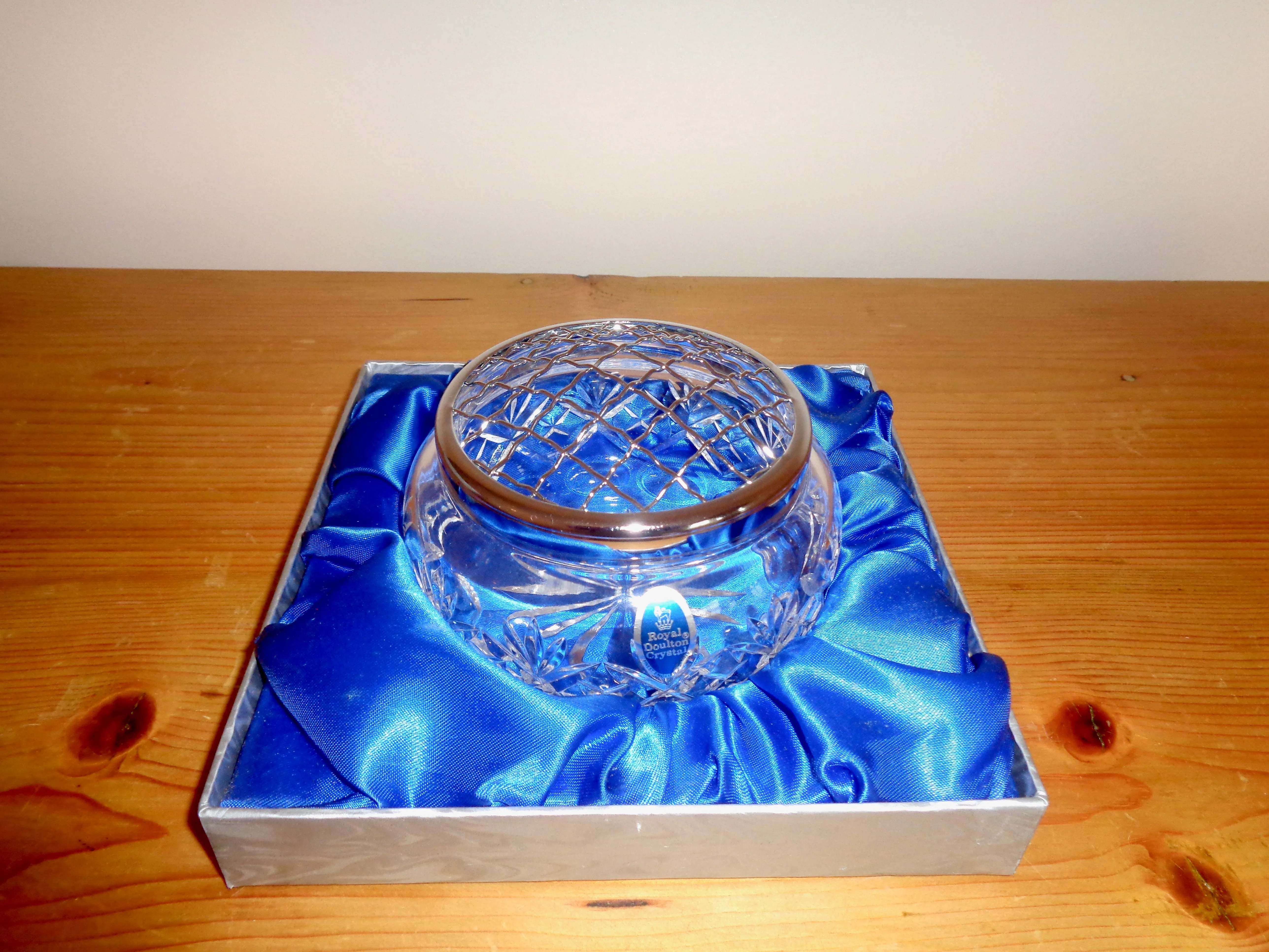 Royal Doulton Lead Crystal Rose Bowl With Silver Plated Flower Grid In Its Original Box