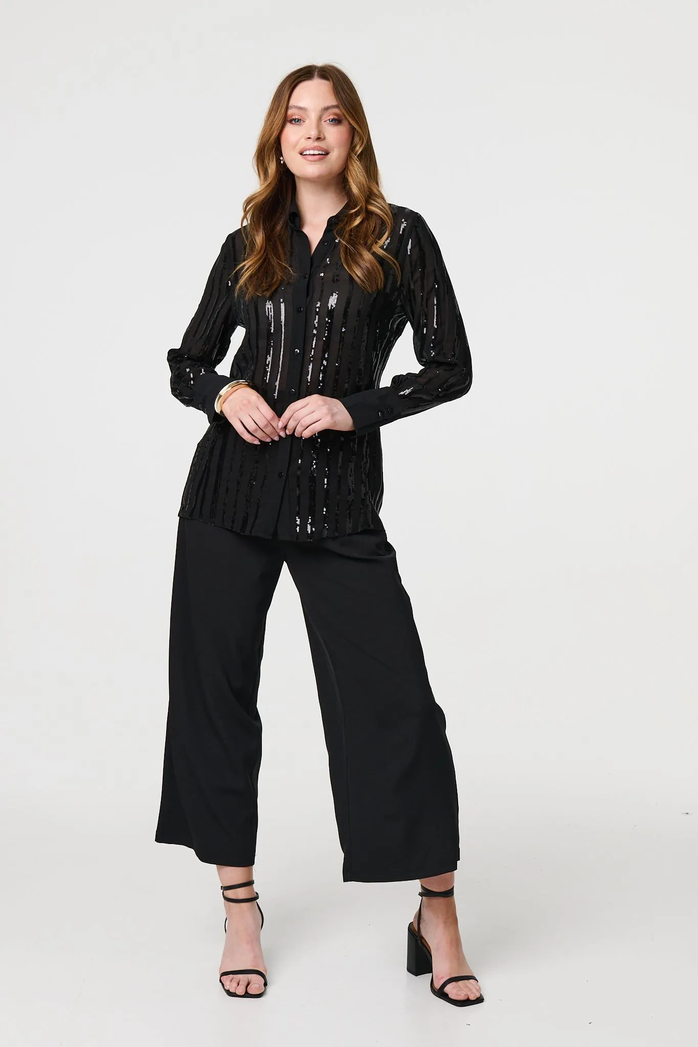 Sequin Striped Sheer Long Sleeve Shirt