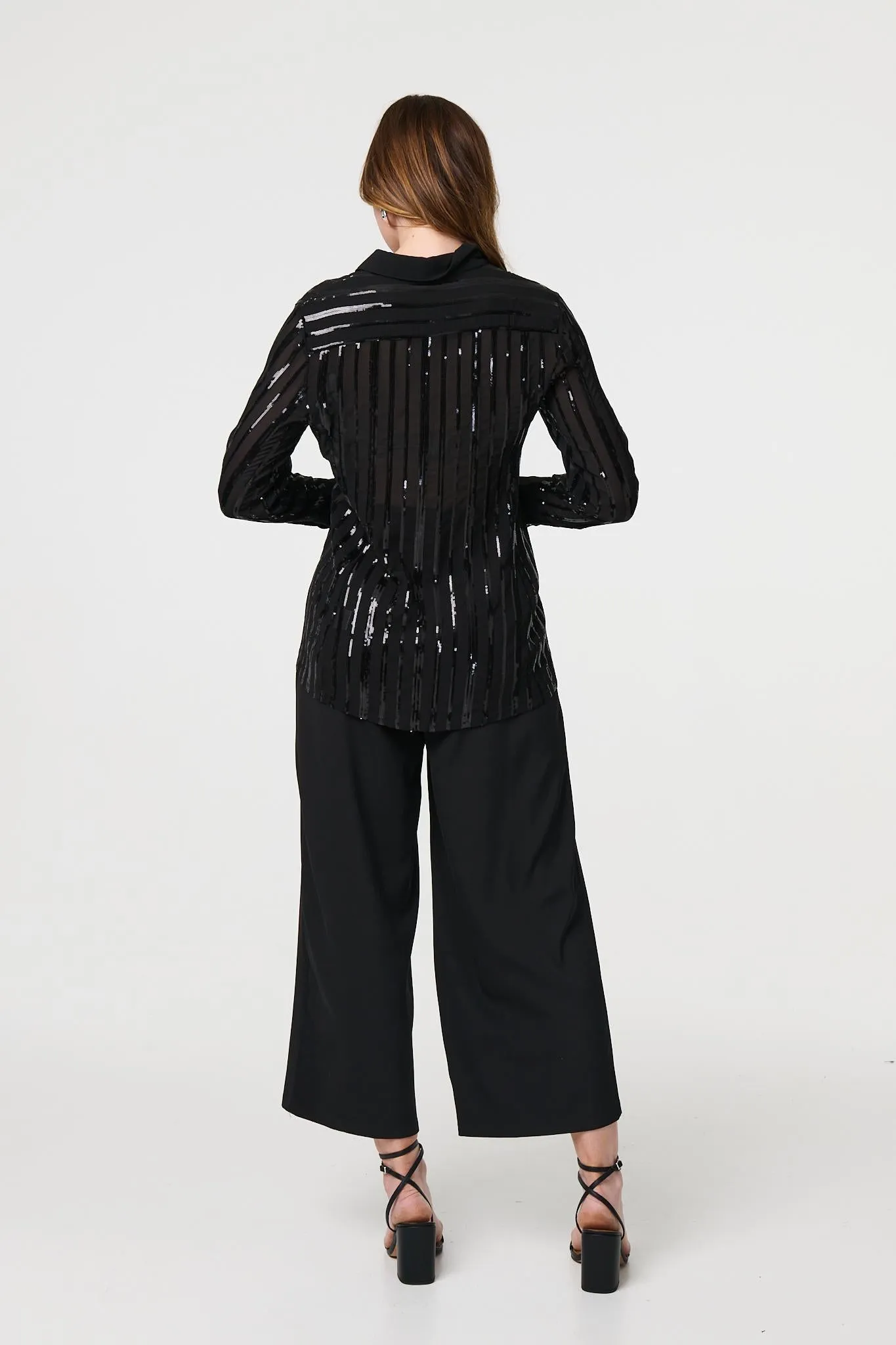 Sequin Striped Sheer Long Sleeve Shirt