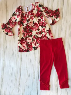Sweetheart Floral Tunic with Red Leggings Set