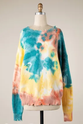 TIE DYE DISTRESSED HEM SOFT KNIT SWEATER 1 PACK