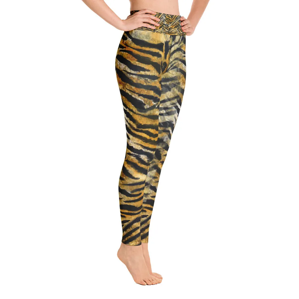 Tiger Striped Women's Yoga Pants, Bengal Animal Print Yoga Leggings- Made in USA/EU