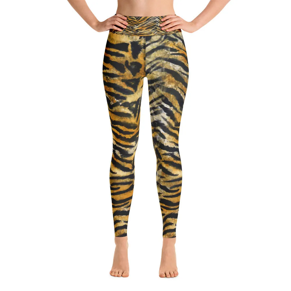 Tiger Striped Women's Yoga Pants, Bengal Animal Print Yoga Leggings- Made in USA/EU