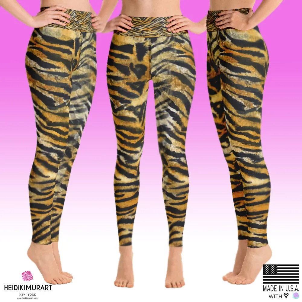 Tiger Striped Women's Yoga Pants, Bengal Animal Print Yoga Leggings- Made in USA/EU
