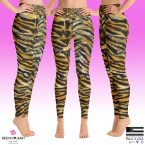 Tiger Striped Women's Yoga Pants, Bengal Animal Print Yoga Leggings- Made in USA/EU