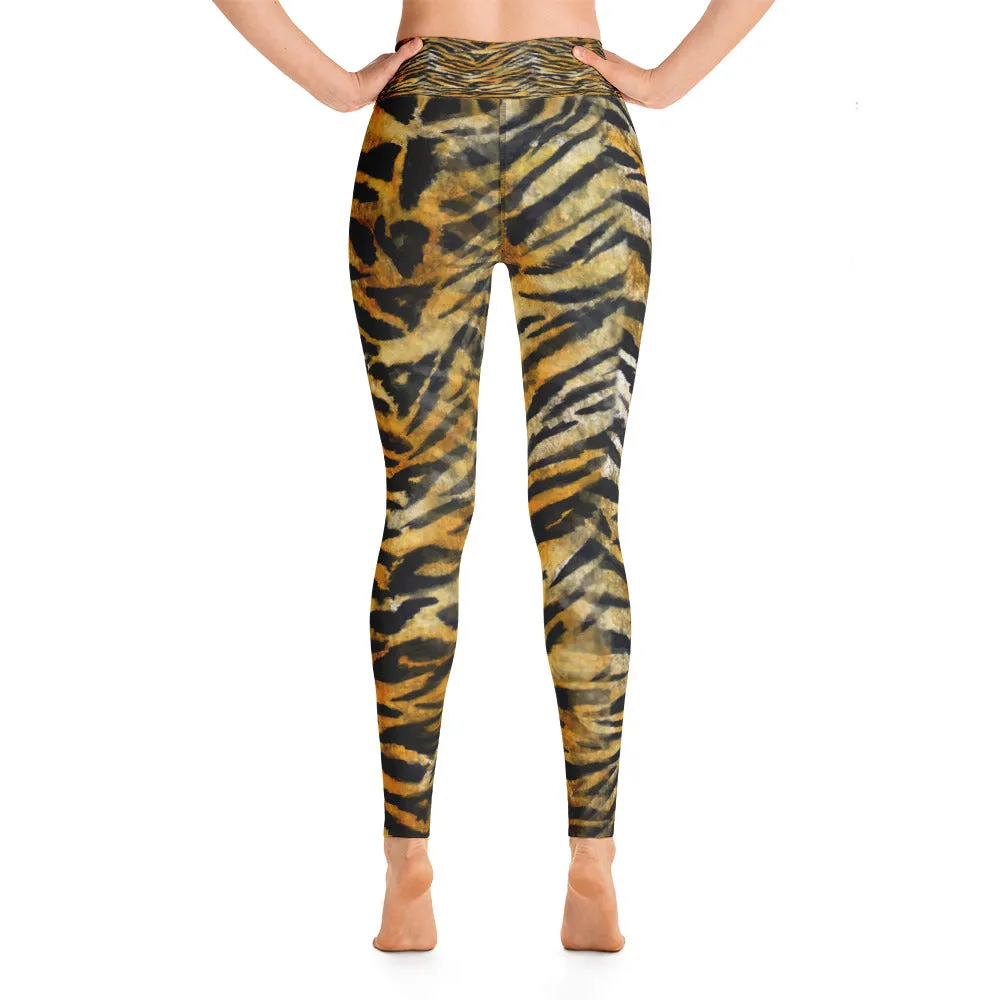 Tiger Striped Women's Yoga Pants, Bengal Animal Print Yoga Leggings- Made in USA/EU