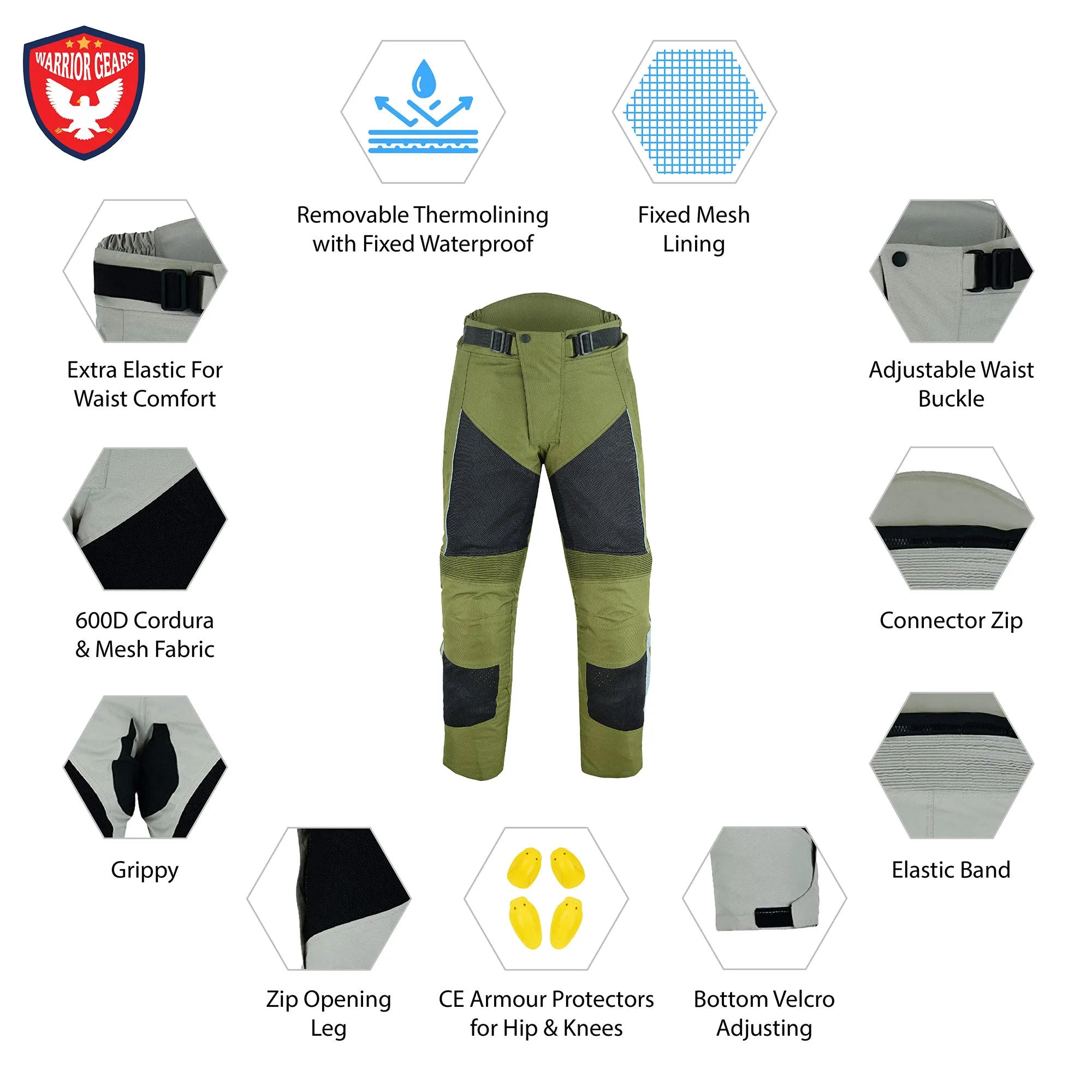 Warrior Gears® Air Mesh Motorbike Suits for Men, Breathable Textile Motorbike Jacket and Trouser with Removable Lining and CE Armours - Black & OIive Green
