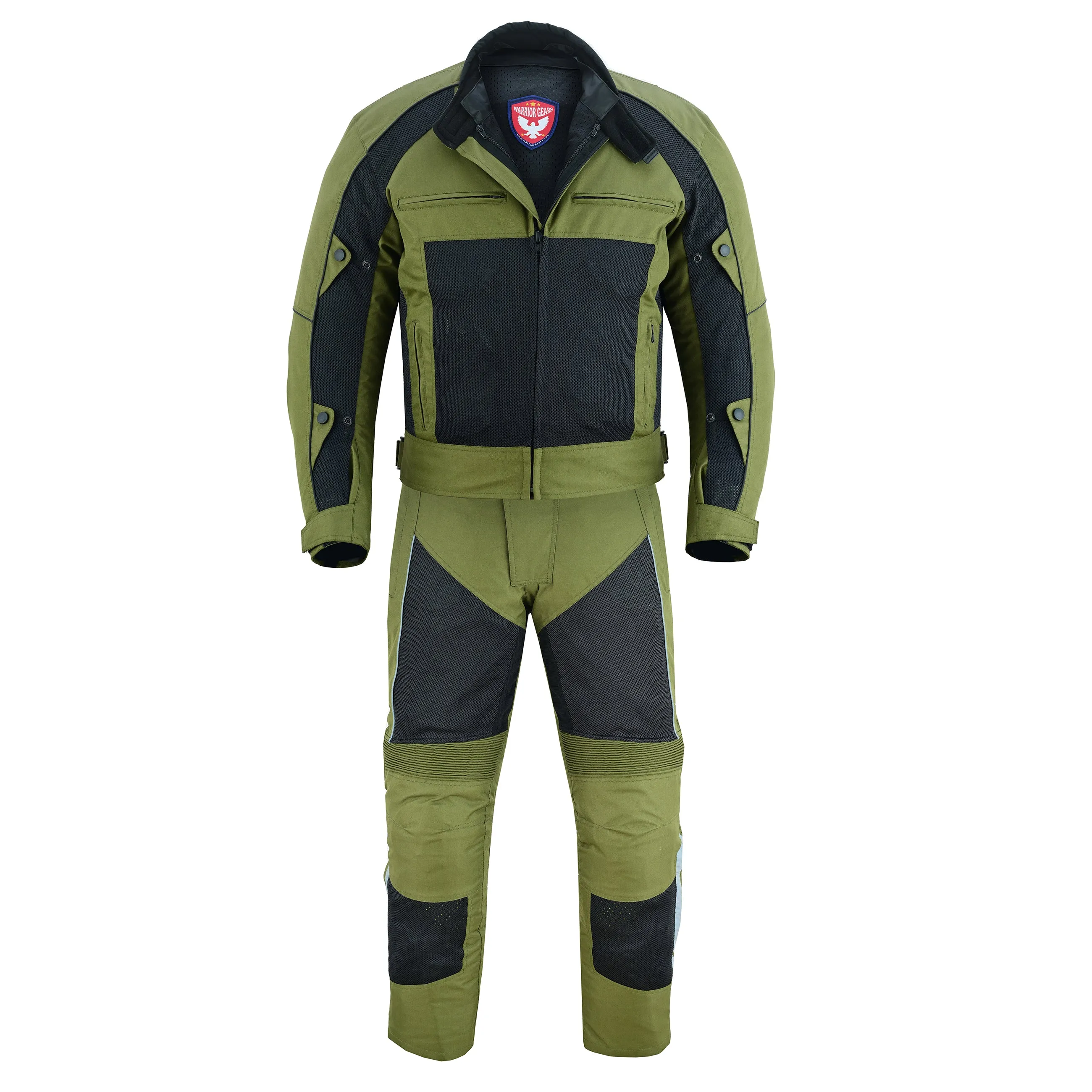 Warrior Gears® Air Mesh Motorbike Suits for Men, Breathable Textile Motorbike Jacket and Trouser with Removable Lining and CE Armours - Black & OIive Green