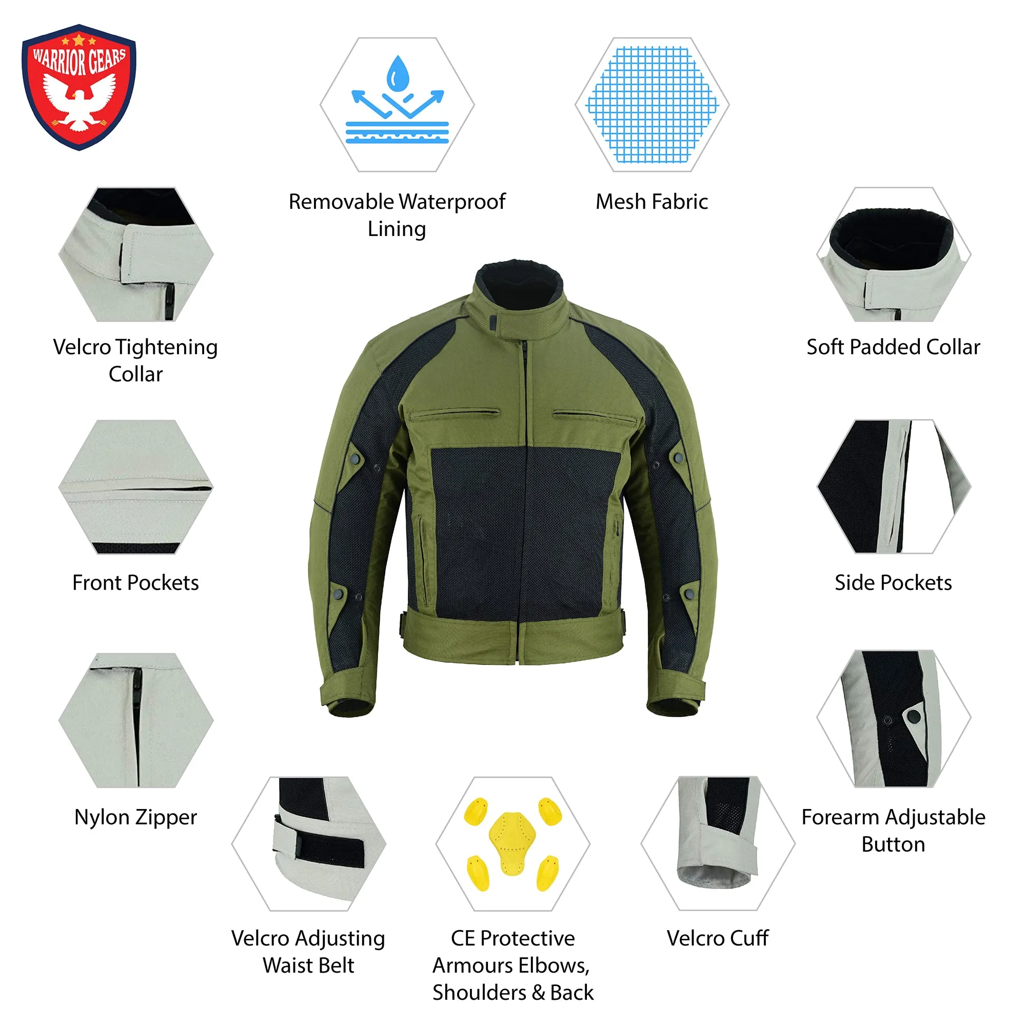 Warrior Gears® Air Mesh Motorbike Suits for Men, Breathable Textile Motorbike Jacket and Trouser with Removable Lining and CE Armours - Black & OIive Green