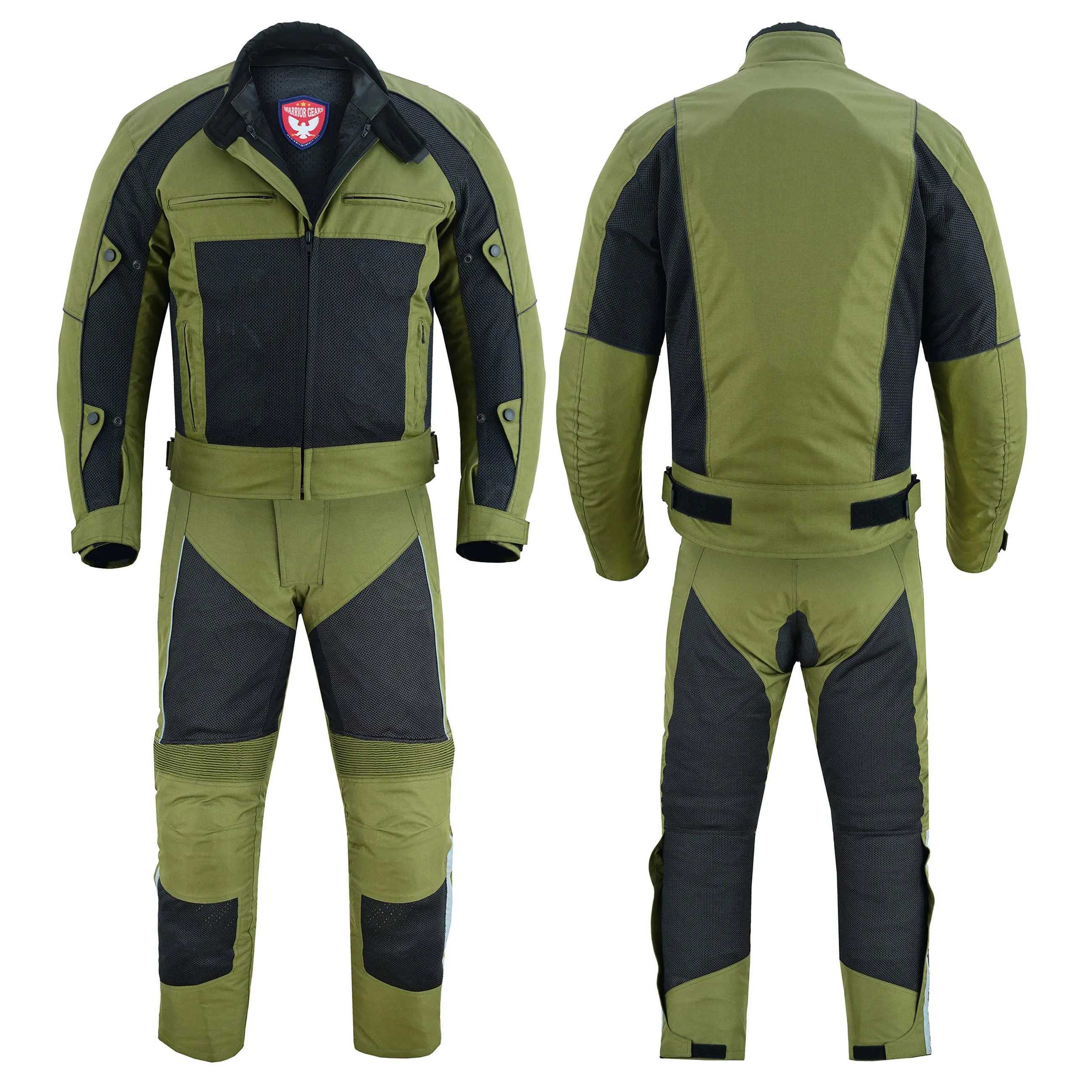 Warrior Gears® Air Mesh Motorbike Suits for Men, Breathable Textile Motorbike Jacket and Trouser with Removable Lining and CE Armours - Black & OIive Green