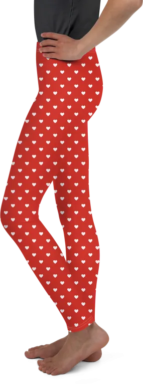 White Mini Hearts Red Youth Leggings