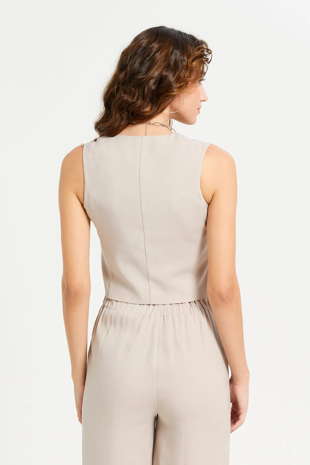 Women Beige Plain Tailored Waistcoat