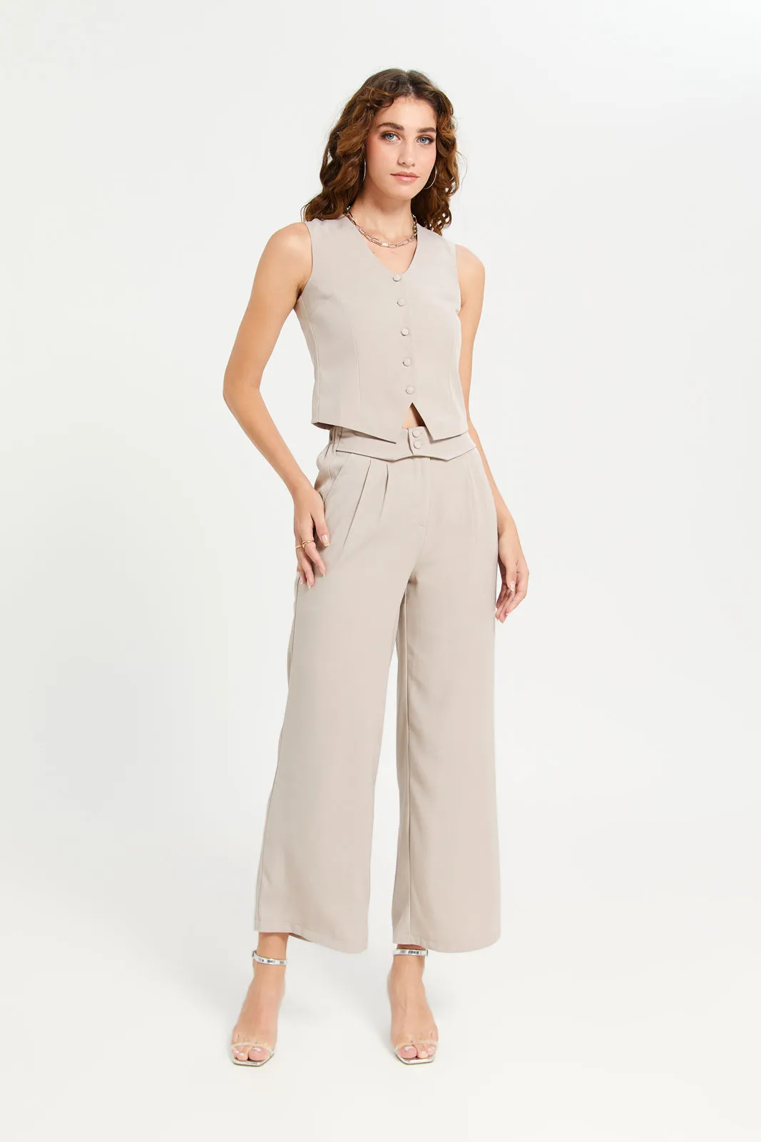 Women Beige Plain Tailored Waistcoat