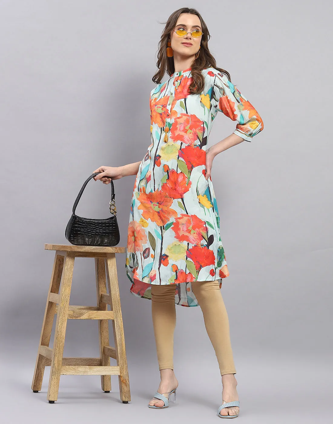 Women Blue Printed Mandarin Collar Half Sleeve Tunic