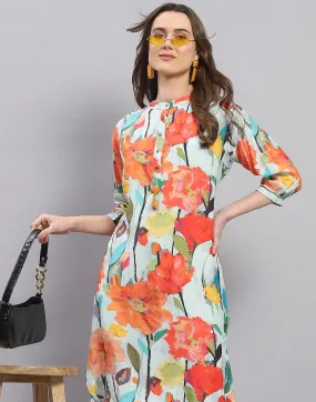 Women Blue Printed Mandarin Collar Half Sleeve Tunic