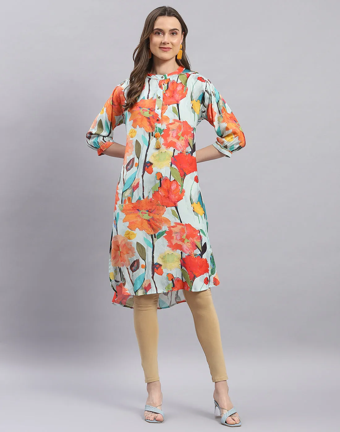 Women Blue Printed Mandarin Collar Half Sleeve Tunic