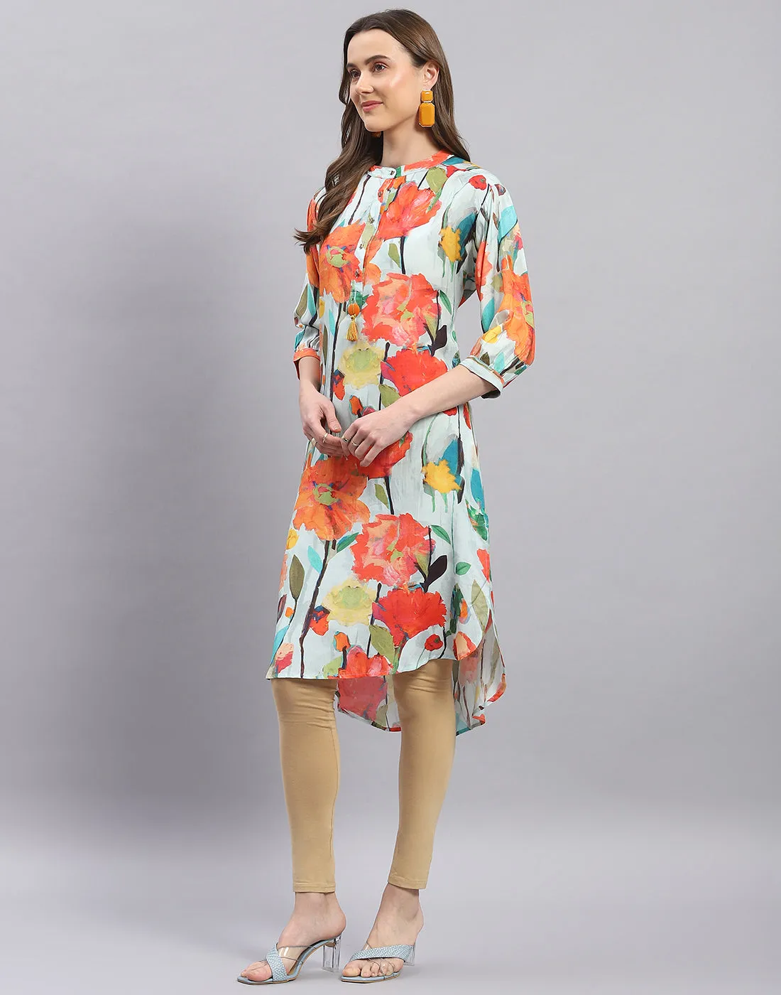 Women Blue Printed Mandarin Collar Half Sleeve Tunic